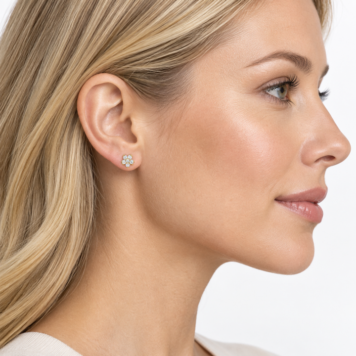 Petite 4.2 mm Floral Cubic Zirconia Stud Earrings in Solid 14K Yellow Gold – 14-Stone Prong-Set Flower Earrings