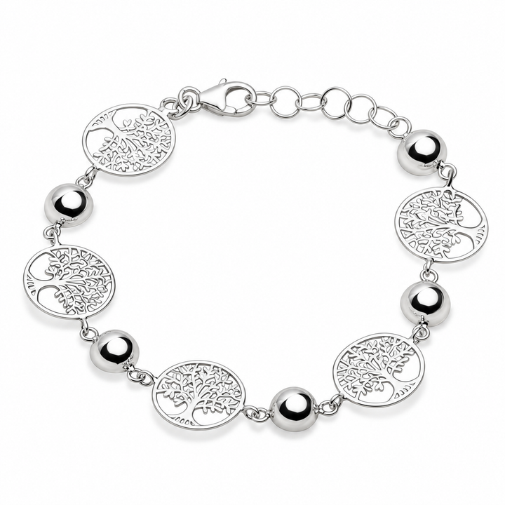 Rhodium-Plated 925 Sterling Silver Tree of Life Adjustable Bracelet – High-Polish Nature and Family Symbol Jewelry, 7 to 7.75 Inches
