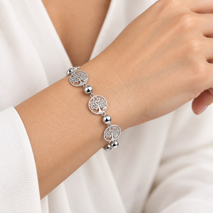 Rhodium-Plated 925 Sterling Silver Tree of Life Adjustable Bracelet – High-Polish Nature and Family Symbol Jewelry, 7 to 7.75 Inches
