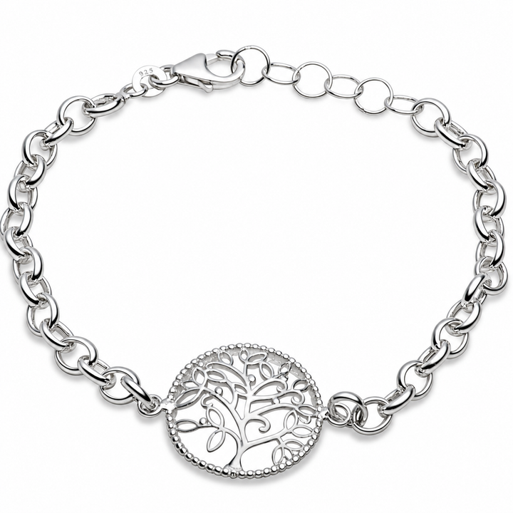 Rhodium-Plated Sterling Silver Tree of Life Adjustable Bracelet with Lobster Clasp – High-Polish Symbolic Family and Nature Jewelry, 7 to 8 Inches
