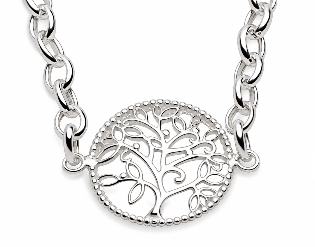 Rhodium-Plated Sterling Silver Tree of Life Adjustable Bracelet with Lobster Clasp – High-Polish Symbolic Family and Nature Jewelry, 7 to 8 Inches