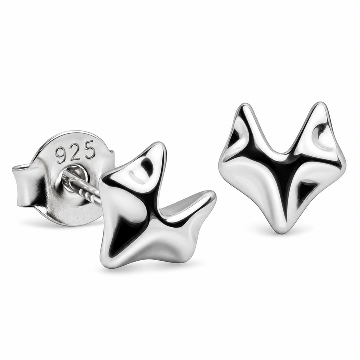 Rhodium-Plated Sterling Silver Fox Head Stud Earrings – Petite 6.5 mm High-Polish Animal Earrings with Push Backs