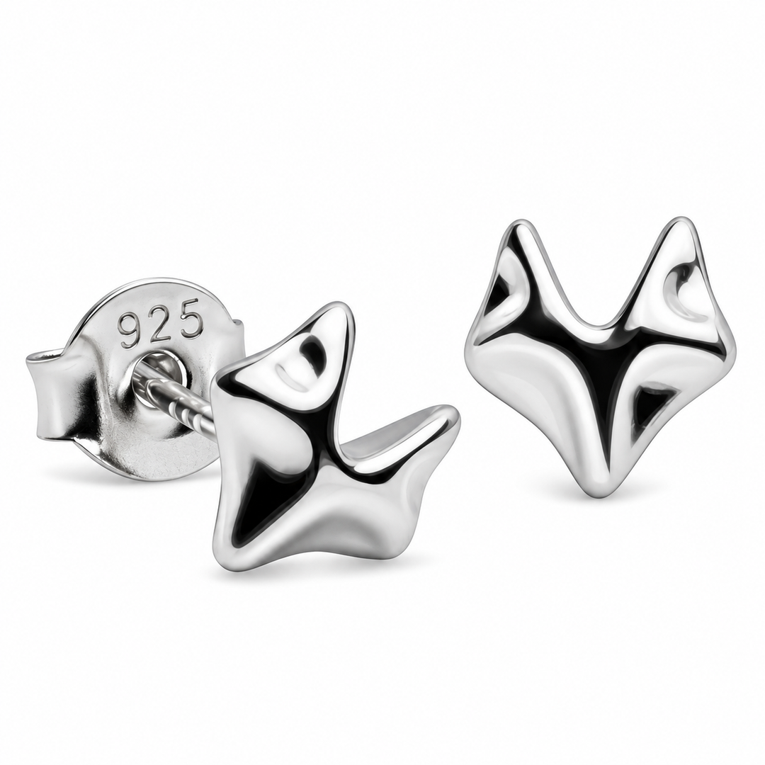 Rhodium-Plated Sterling Silver Fox Head Stud Earrings – Petite 6.5 mm High-Polish Animal Earrings with Push Backs