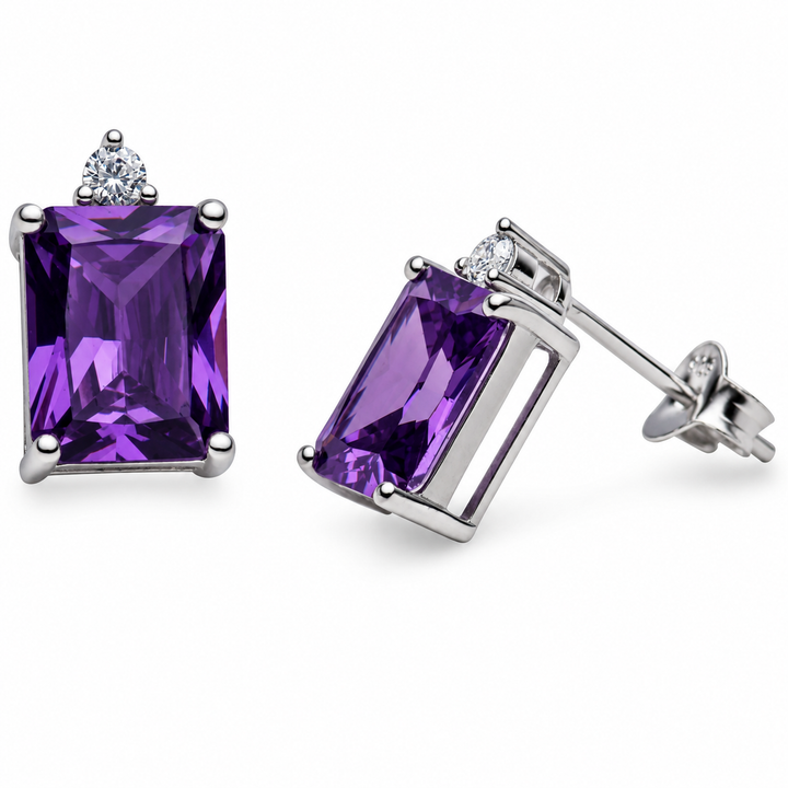2.62 Carat Emerald-Cut Amethyst Simulant and Cubic Zirconia Stud Earrings in Rhodium-Plated Sterling Silver – 11.75 mm