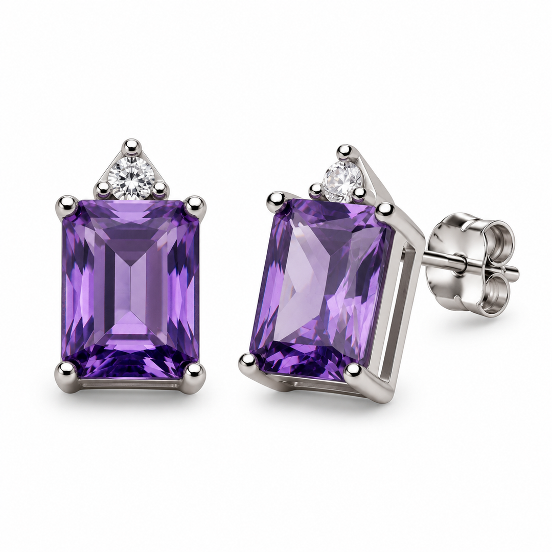 2.62 Carat Emerald-Cut Amethyst Simulant and Cubic Zirconia Stud Earrings in Rhodium-Plated Sterling Silver – 11.75 mm