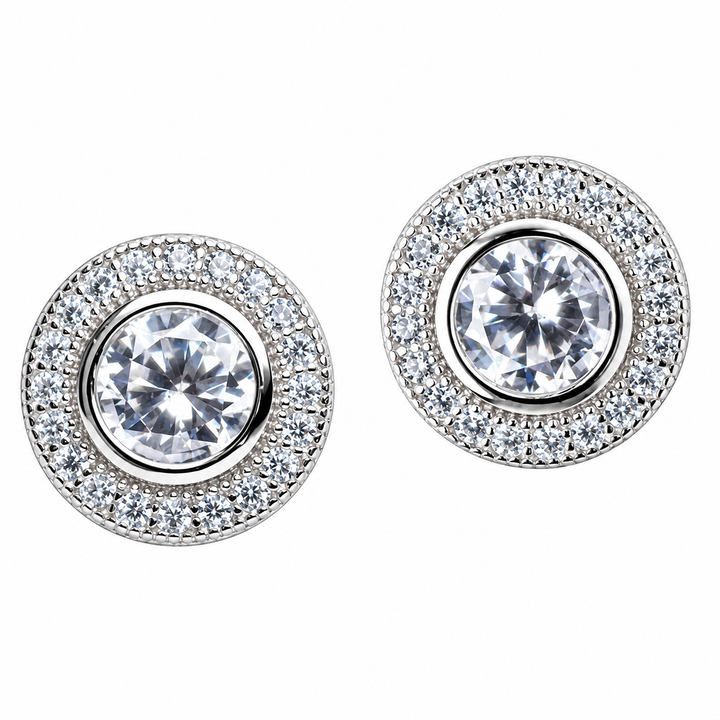Round Cubic Zirconia Halo Stud Earrings in Rhodium-Plated Sterling Silver – 10.4 mm Diamond Simulant Earrings