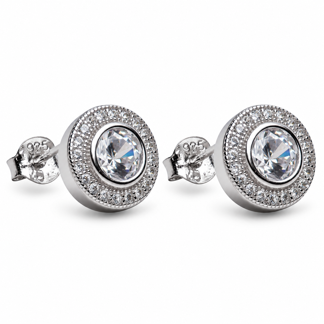 Round Cubic Zirconia Halo Stud Earrings in Rhodium-Plated Sterling Silver – 10.4 mm Diamond Simulant Earrings