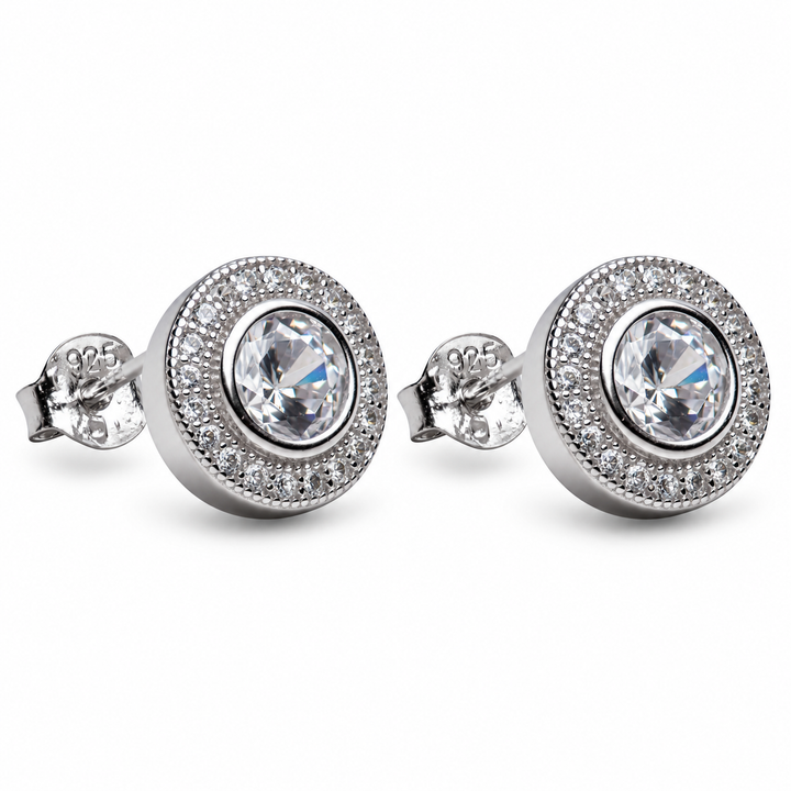 Round Cubic Zirconia Halo Stud Earrings in Rhodium-Plated Sterling Silver – 10.4 mm Diamond Simulant Earrings