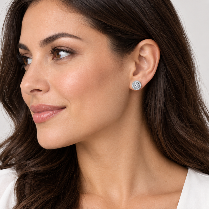 Round Cubic Zirconia Halo Stud Earrings in Rhodium-Plated Sterling Silver – 10.4 mm Diamond Simulant Earrings