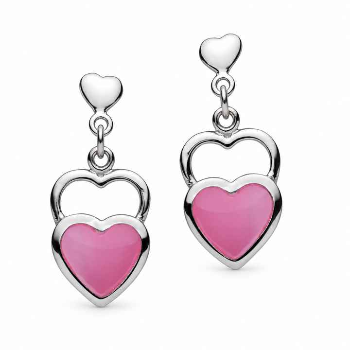 Pink Mother of Pearl Double Heart Dangle Earrings in 925 Sterling Silver