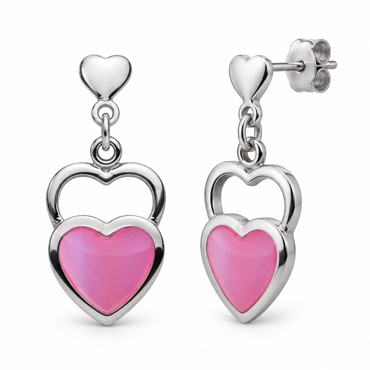 Pink Mother of Pearl Double Heart Dangle Earrings in 925 Sterling Silver