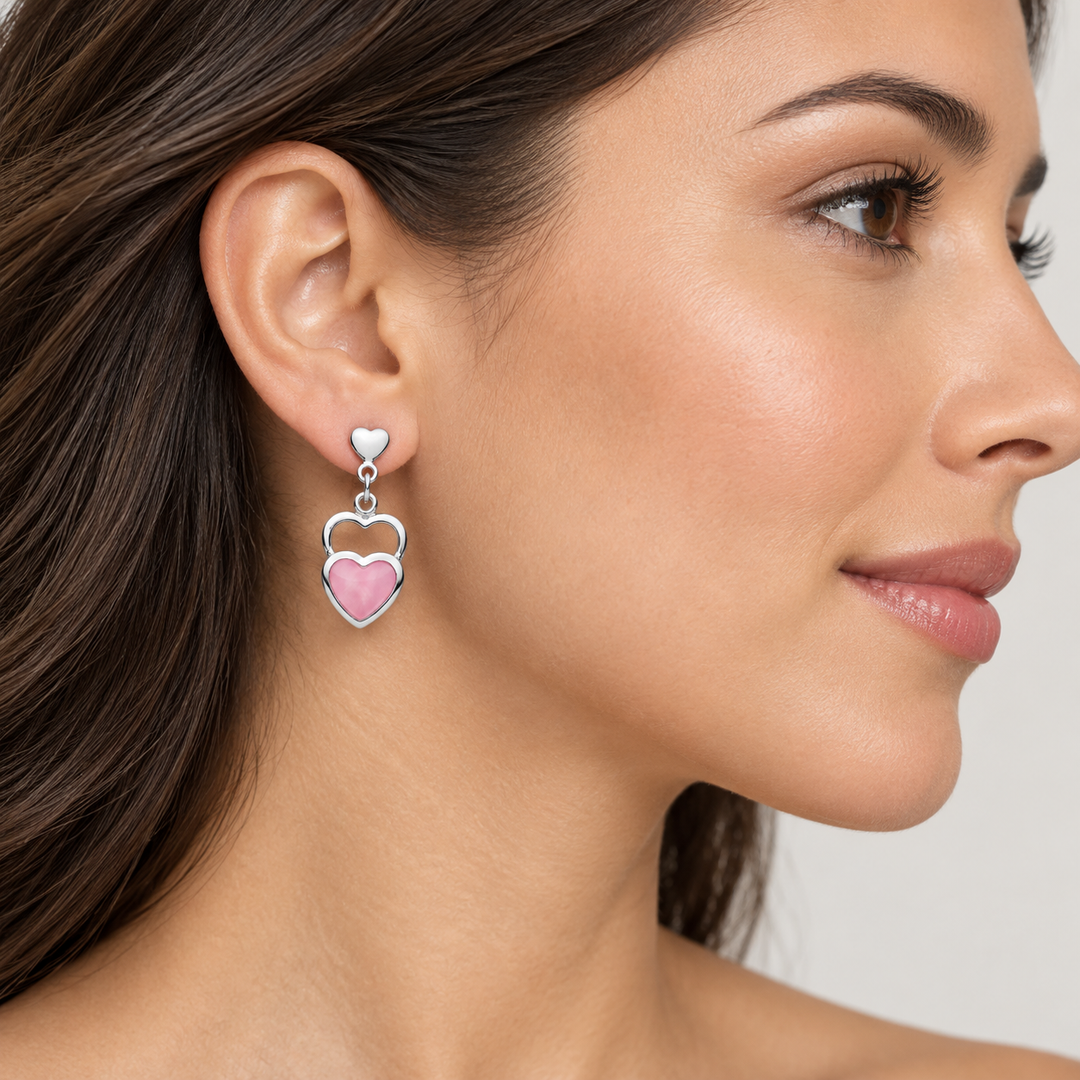 Pink Mother of Pearl Double Heart Dangle Earrings in 925 Sterling Silver