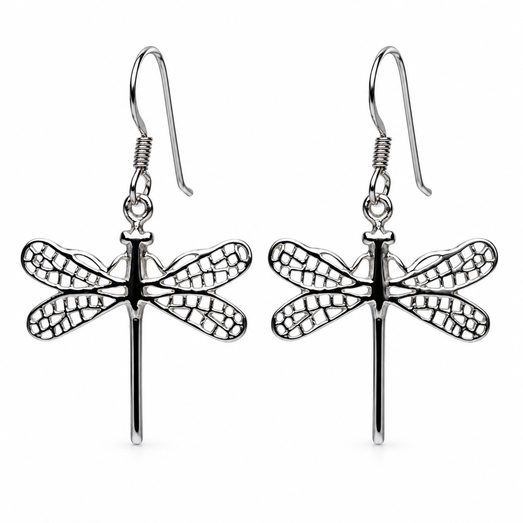 Sterling Silver Openwork Dragonfly Dangle Earrings with Rhodium Plating – 1.5-Inch Drop