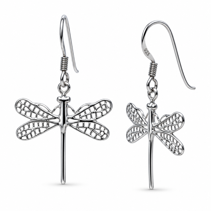 Sterling Silver Openwork Dragonfly Dangle Earrings with Rhodium Plating – 1.5-Inch Drop
