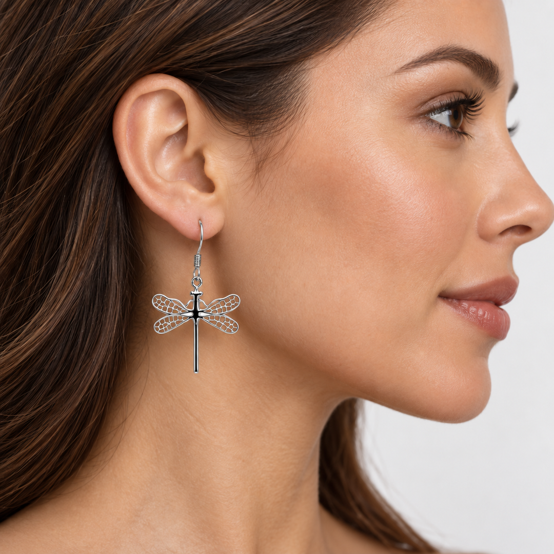 Sterling Silver Openwork Dragonfly Dangle Earrings with Rhodium Plating – 1.5-Inch Drop