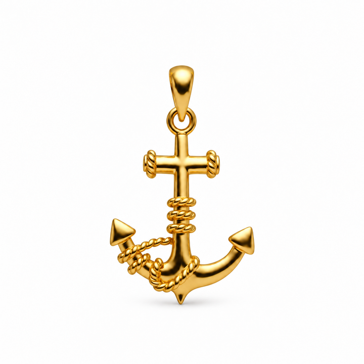 18K Yellow Gold-Plated Nautical Rope and Anchor Pendant – 1.2 Inches