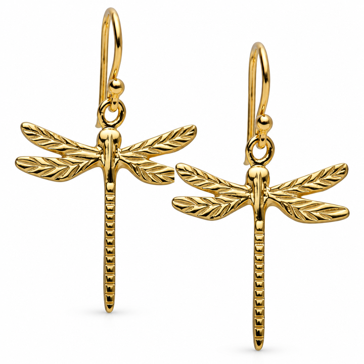 14K Yellow Gold-Plated Sterling Silver Dragonfly Dangle Earrings – 1 Inch Fishhook Earrings
