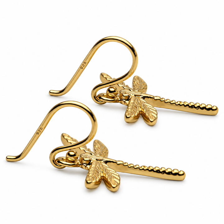 14K Yellow Gold-Plated Sterling Silver Dragonfly Dangle Earrings – 1 Inch Fishhook Earrings