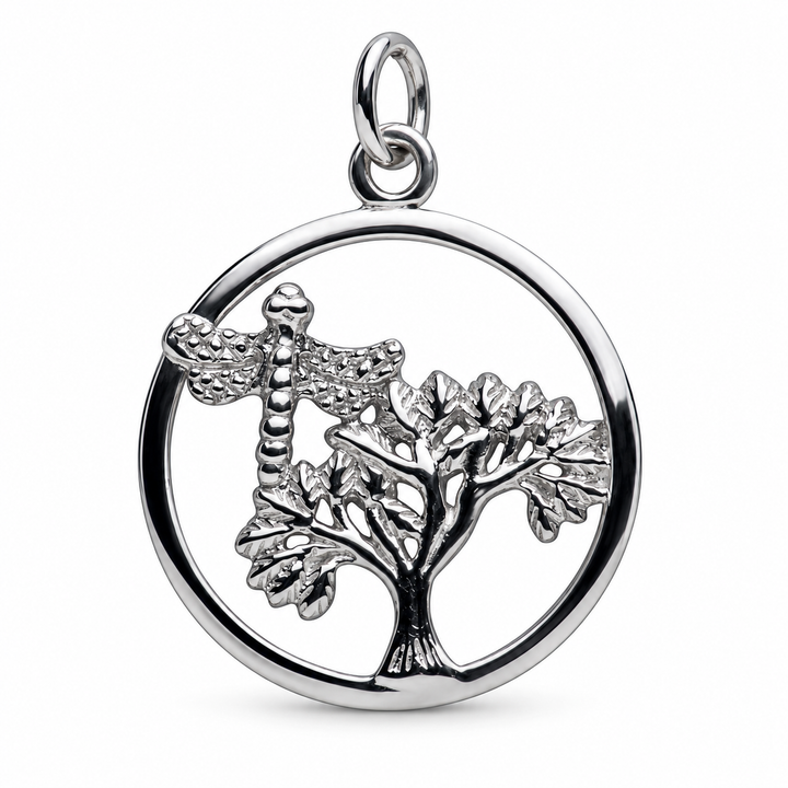 Rhodium-Plated Sterling Silver Dragonfly and Tree of Life Pendant Necklace – 16-Inch Chain