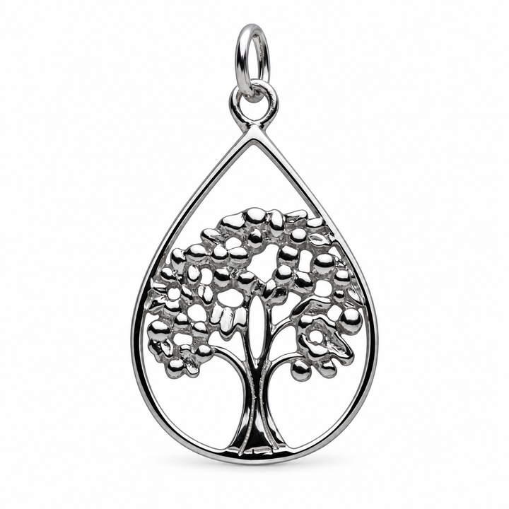 Rhodium-Plated Sterling Silver Teardrop Tree of Life Pendant