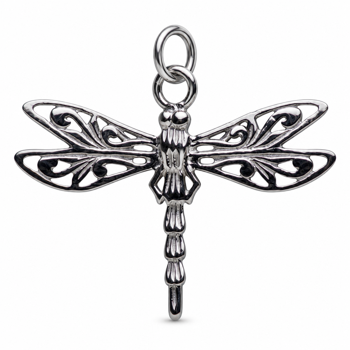 Rhodium-Plated Sterling Silver Openwork Dragonfly Pendant – 1.2-Inch Wide Nature Jewelry