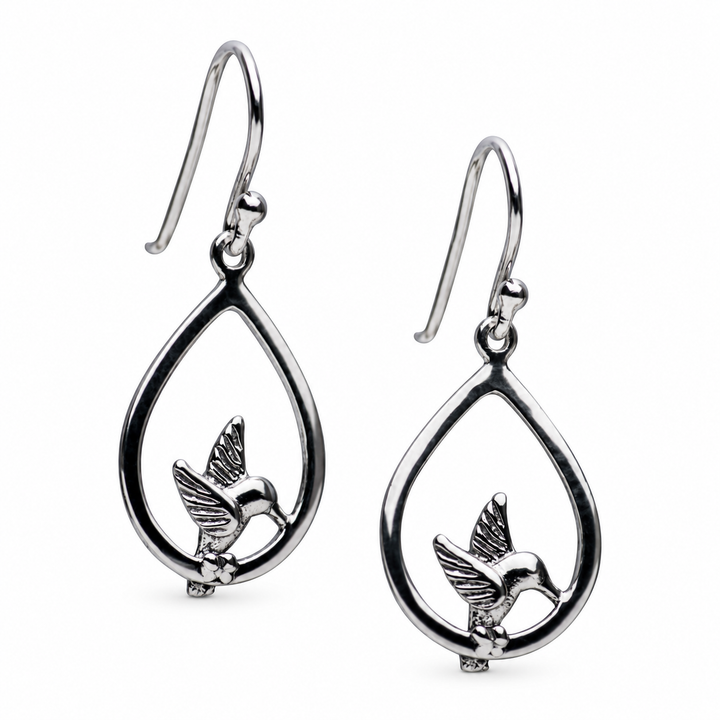 Rhodium-Plated Sterling Silver Hummingbird Teardrop Dangle Earrings – 1.2-Inch Fishhook Earrings