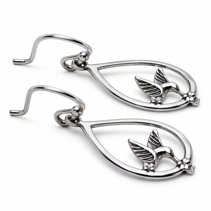 Rhodium-Plated Sterling Silver Hummingbird Teardrop Dangle Earrings – 1.2-Inch Fishhook Earrings