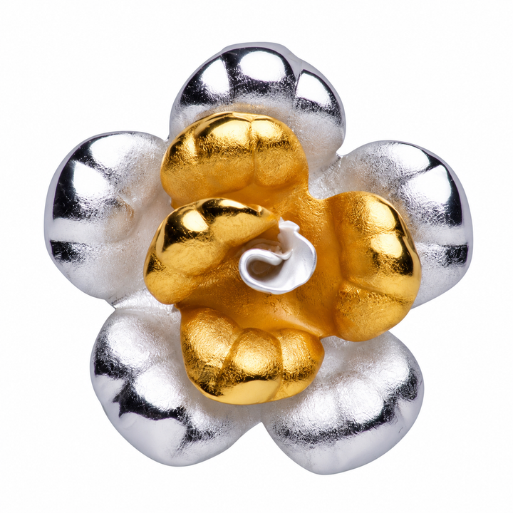 Two-Tone Blooming Flower Pendant Necklace in 925 Sterling Silver with Matte 18K Yellow Gold Plating and Hidden Bail – 0.95 Inch