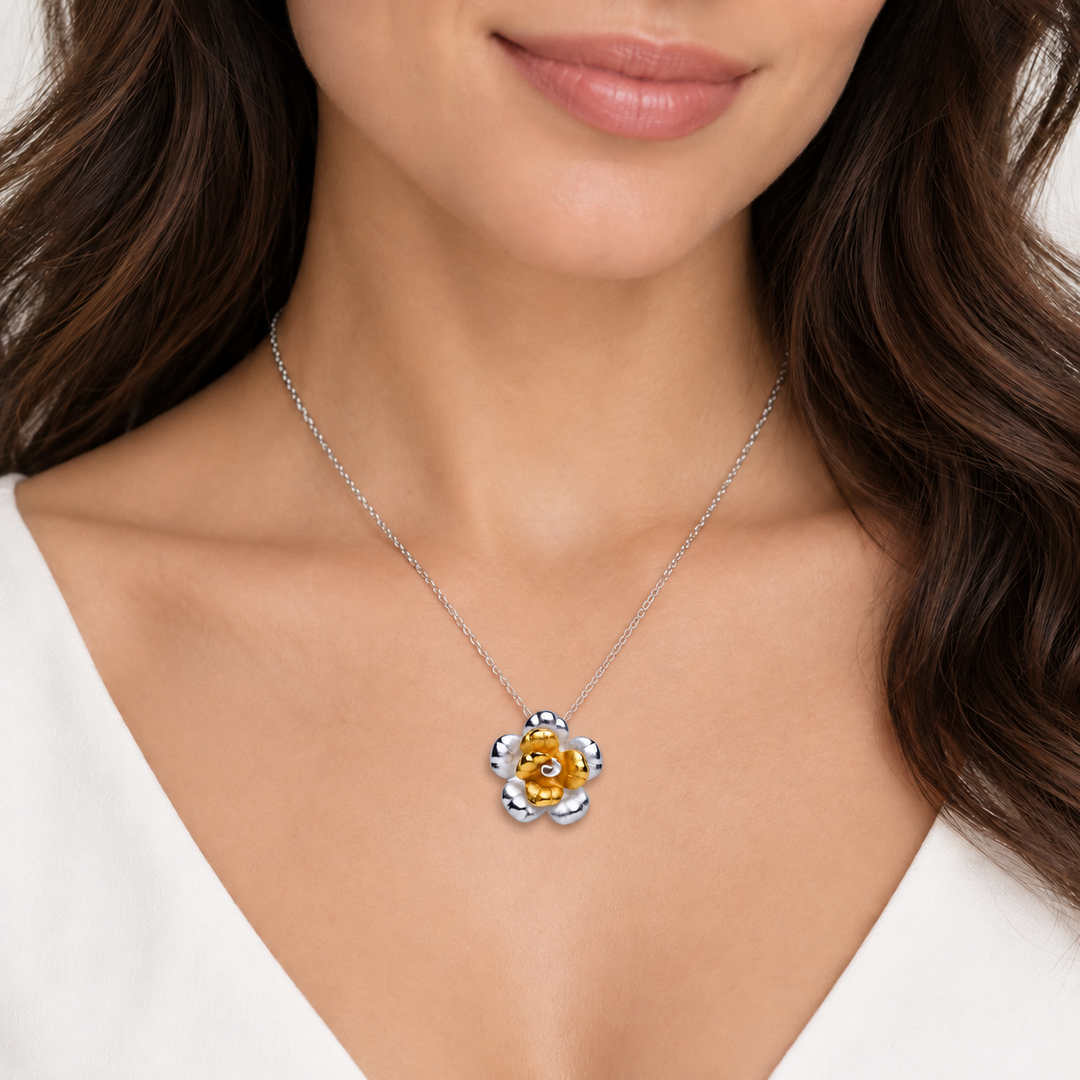 Two-Tone Blooming Flower Pendant Necklace in 925 Sterling Silver with Matte 18K Yellow Gold Plating and Hidden Bail – 0.95 Inch