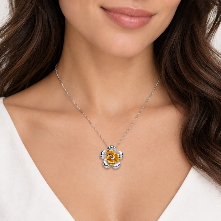 Two-Tone Blooming Flower Pendant Necklace in 925 Sterling Silver with Matte 18K Yellow Gold Plating and Hidden Bail – 0.95 Inch