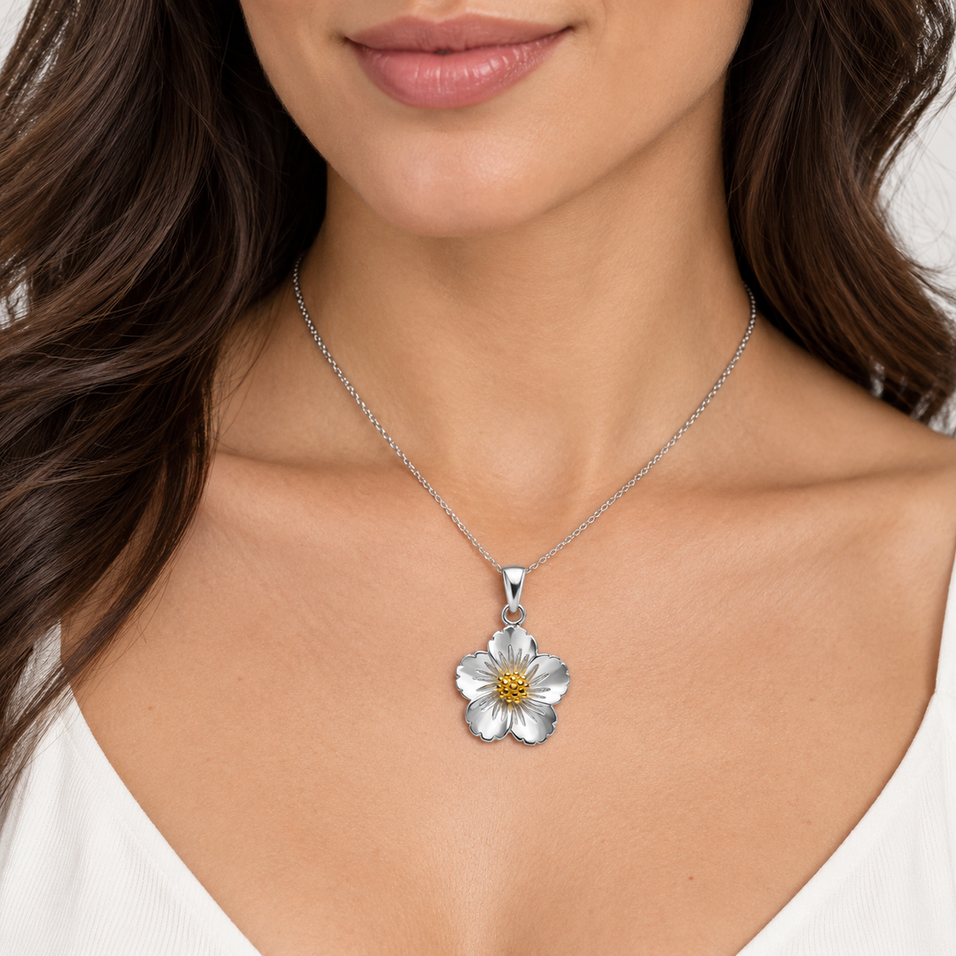 Two-Tone Rhodium and 18K Yellow Gold Over Sterling Silver Flower Pendant