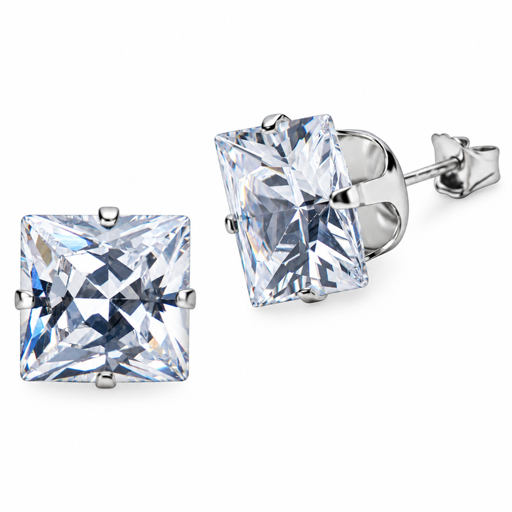 10 mm Princess-Cut Cubic Zirconia Sterling Silver Stud Earrings – Approximately 10.00 Carats Total