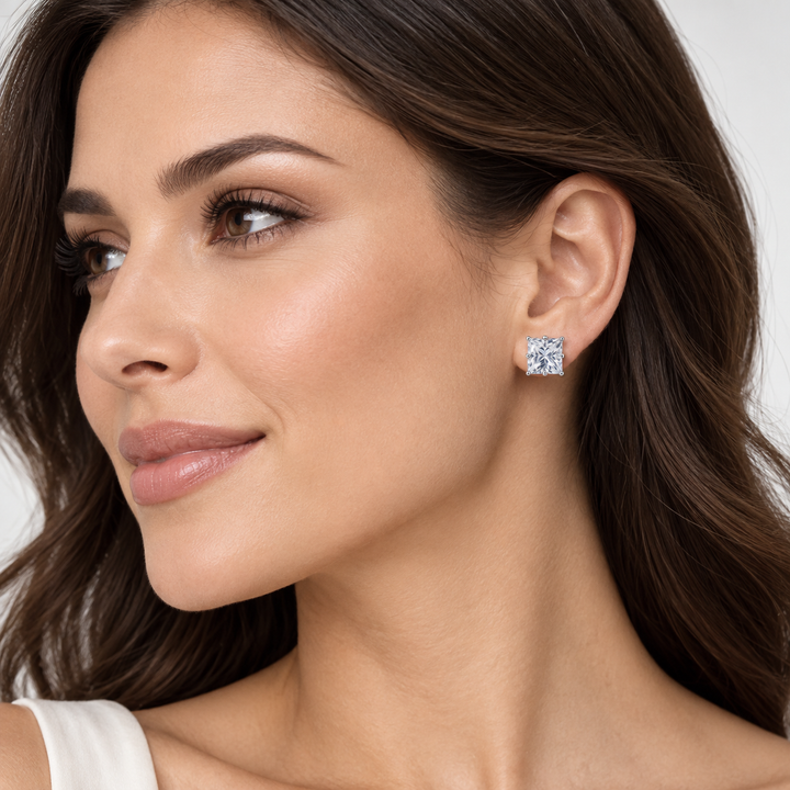 10 mm Princess-Cut Cubic Zirconia Sterling Silver Stud Earrings – Approximately 10.00 Carats Total