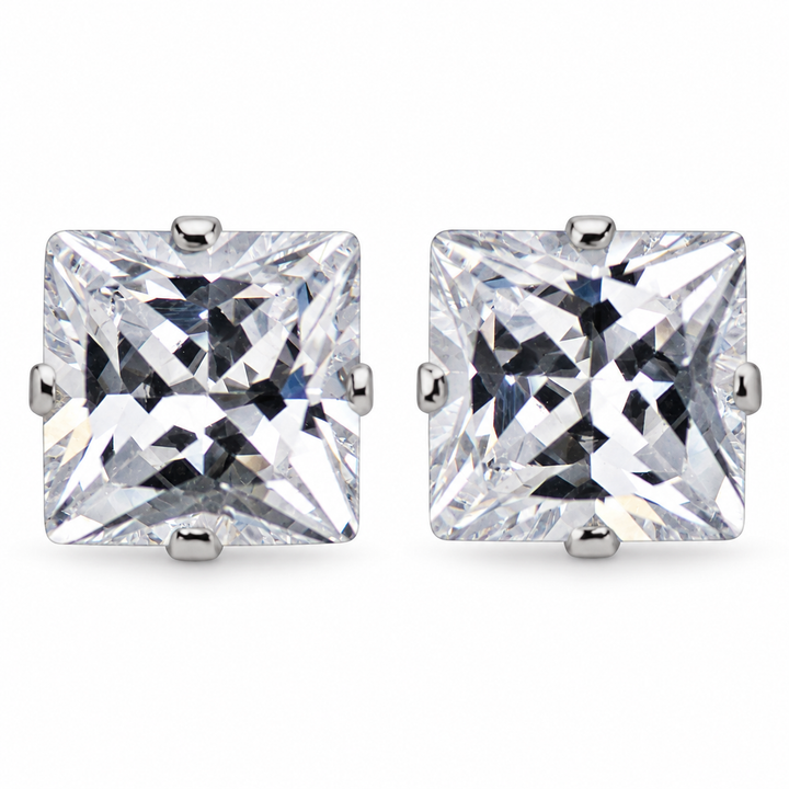 8 mm Princess-Cut Cubic Zirconia Sterling Silver Stud Earrings – Approximately 6.00 Carats Total