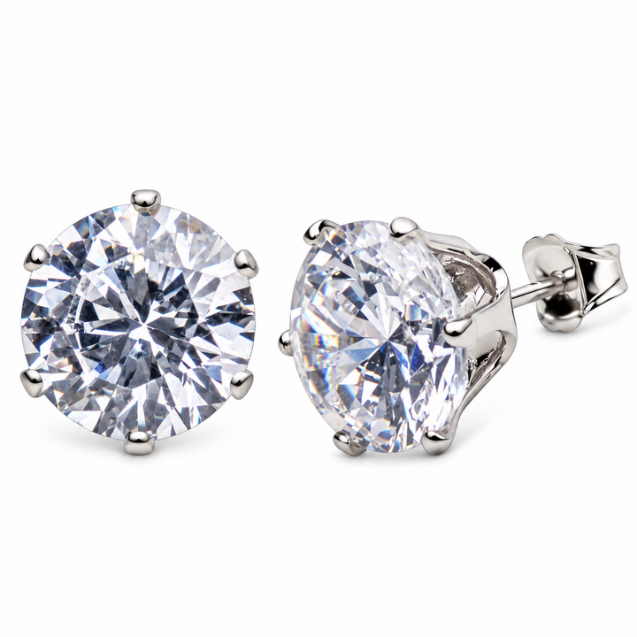 10 mm Round Diamond Simulant Sterling Silver Six-Prong Stud Earrings