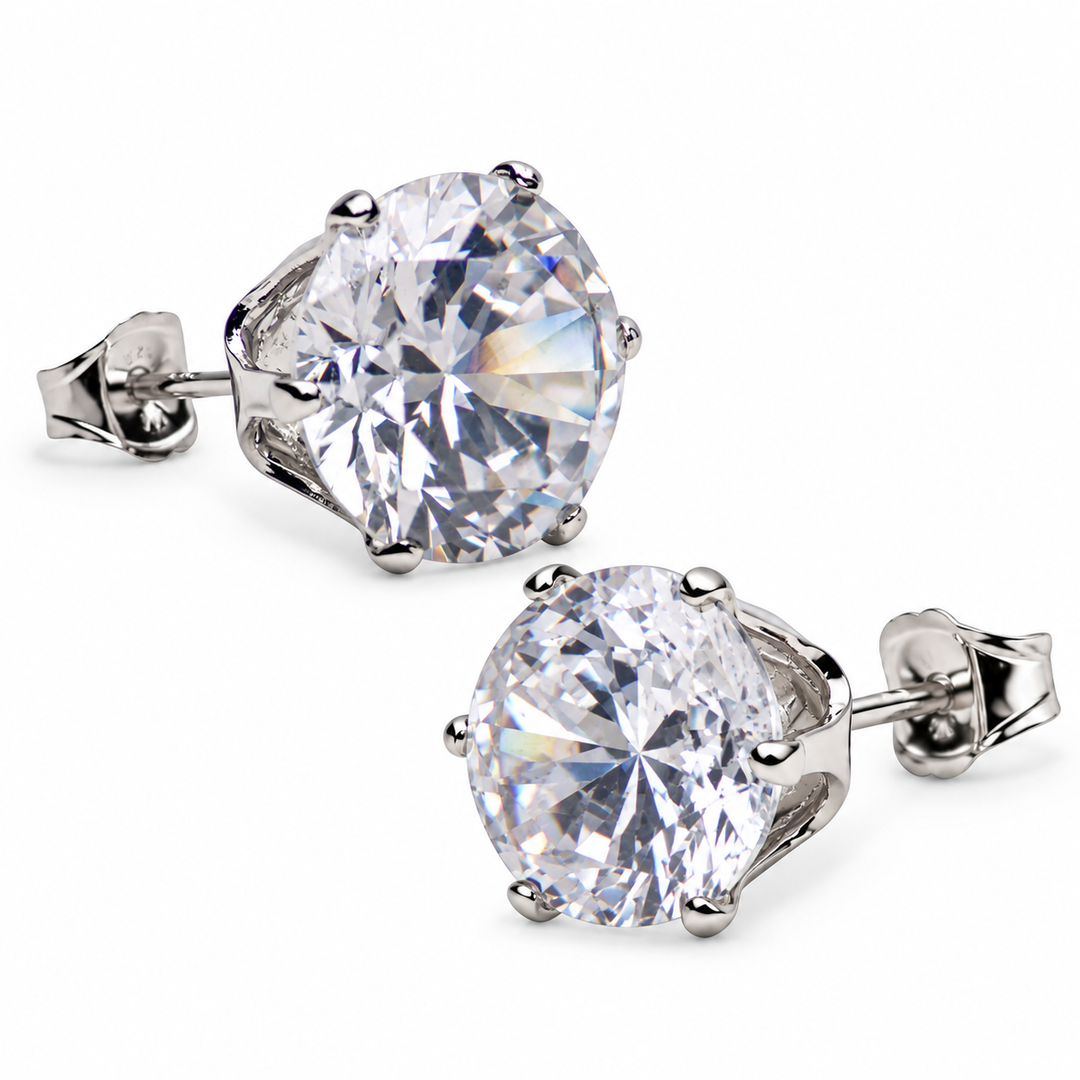 10 mm Round Diamond Simulant Sterling Silver Six-Prong Stud Earrings