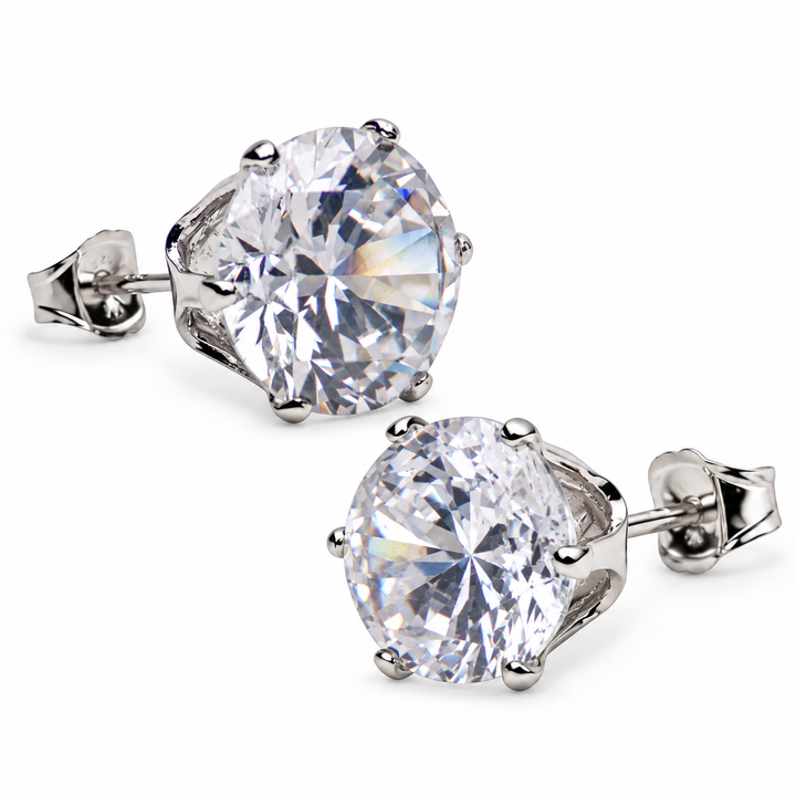 10 mm Round Diamond Simulant Sterling Silver Six-Prong Stud Earrings