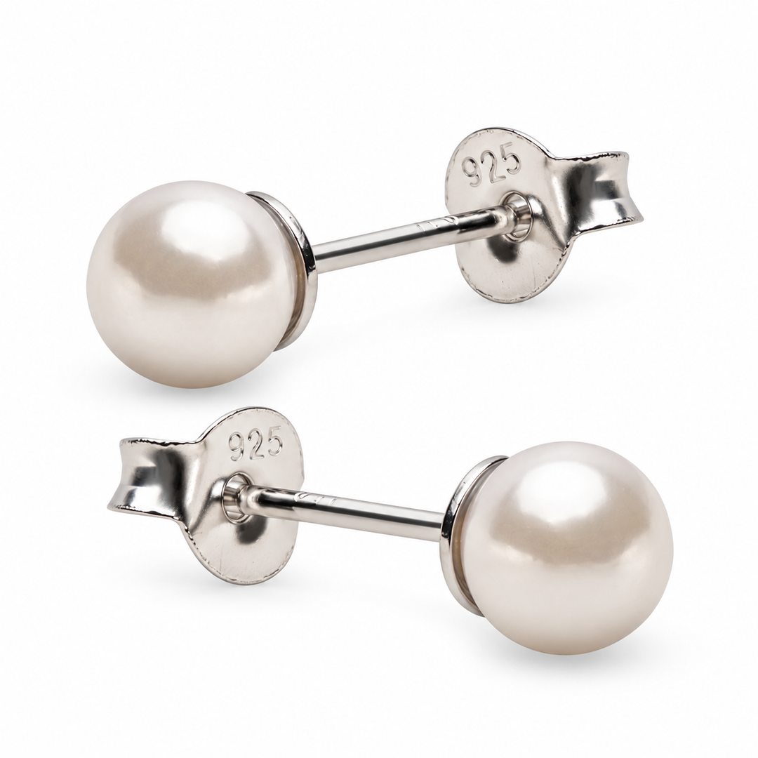 5 mm Created Pearl Stud Earrings – Classic Round Dark White Pearl Earrings