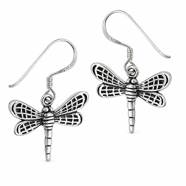 Sterling Silver Dragonfly Dangle Earrings with Detailed Wings and Fishhook Closures – 1.3 Inch Nature-Inspired Earrings