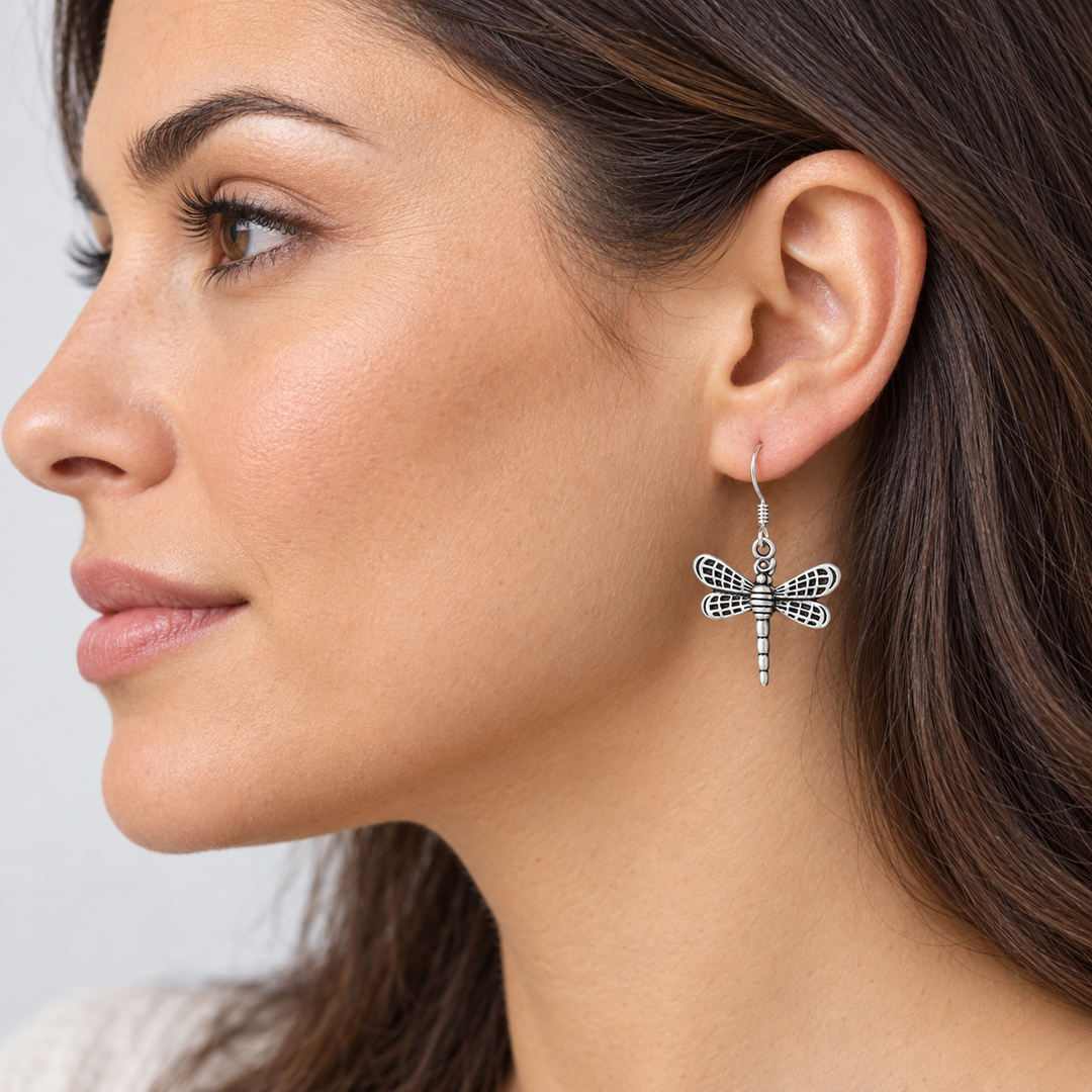 Sterling Silver Dragonfly Dangle Earrings with Detailed Wings and Fishhook Closures – 1.3 Inch Nature-Inspired Earrings