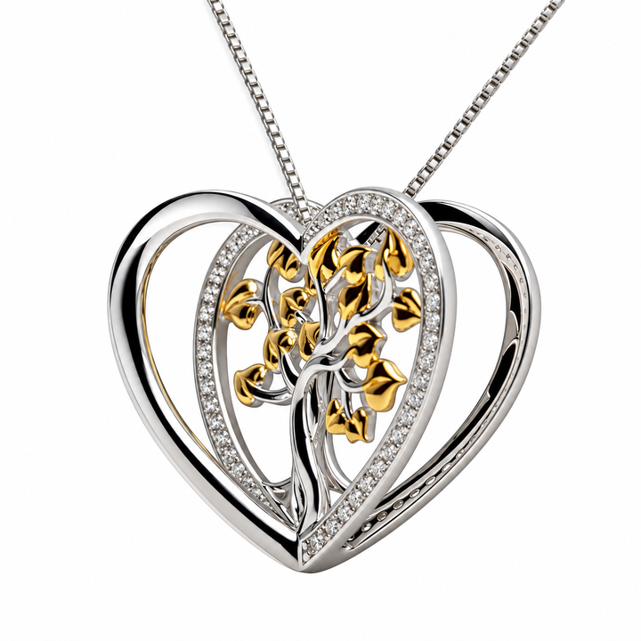 Two-Tone 3D Tree of Life Heart Pendant Necklace with Diamond Simulants in Rhodium and 14K Gold Over Sterling Silver