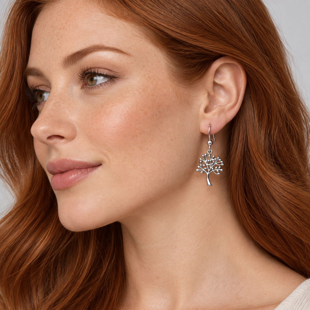 Sterling Silver Tree of Life Dangle Hook Earrings – High-Polish Nature-Inspired Symbolic Earrings, 16.7 mm