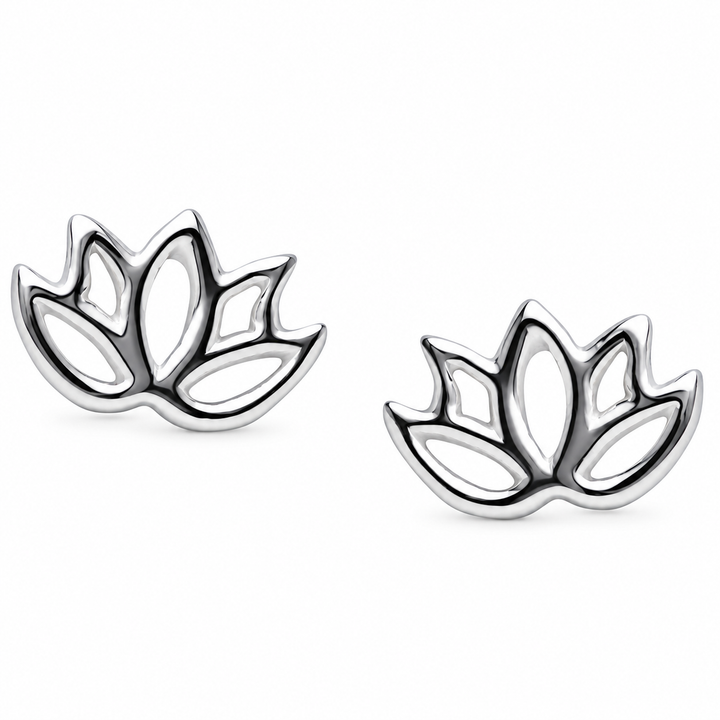 Openwork Lotus Flower Stud Earrings in High-Polish Sterling Silver – 6.6 mm x 10 mm