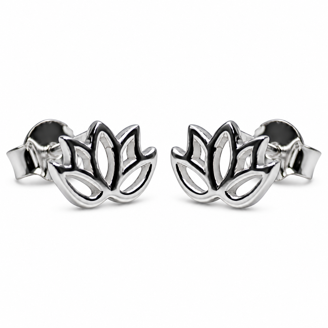 Openwork Lotus Flower Stud Earrings in High-Polish Sterling Silver – 6.6 mm x 10 mm