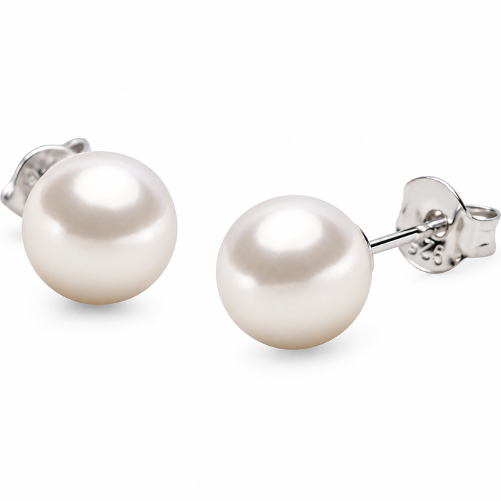8 mm Created Pearl Stud Earrings with Sterling Silver Posts and Push Backs – Classic Ivory-White Pearl Earrings