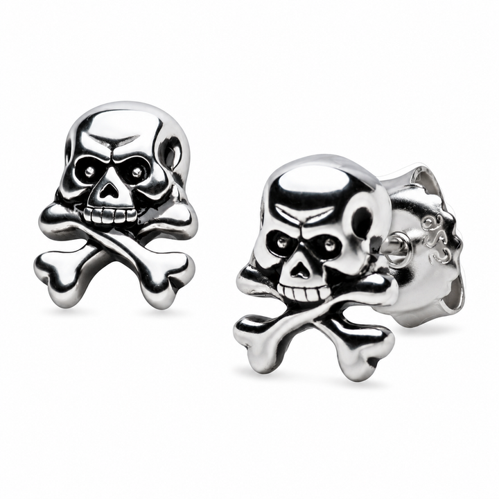 Skull and Crossbones Jolly Roger Stud Earrings in Rhodium-Plated Sterling Silver – 9.2 mm Pirate Earrings