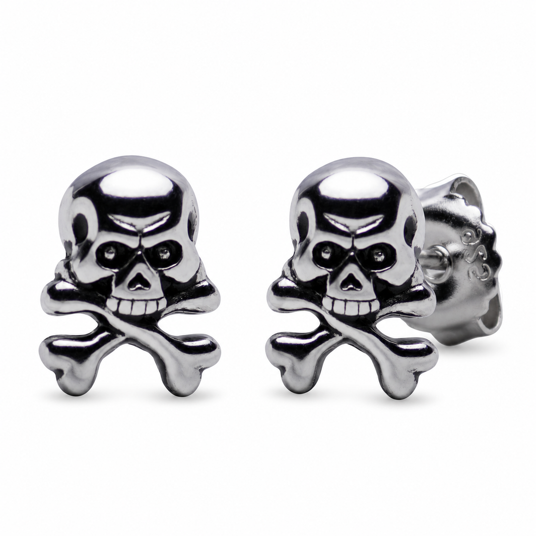 Skull and Crossbones Jolly Roger Stud Earrings in Rhodium-Plated Sterling Silver – 9.2 mm Pirate Earrings