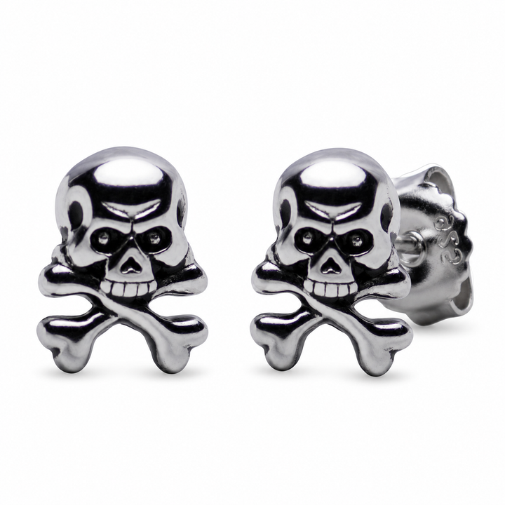 Skull and Crossbones Jolly Roger Stud Earrings in Rhodium-Plated Sterling Silver – 9.2 mm Pirate Earrings