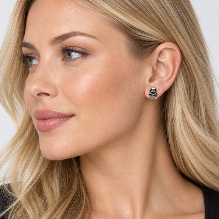 Skull and Crossbones Jolly Roger Stud Earrings in Rhodium-Plated Sterling Silver – 9.2 mm Pirate Earrings