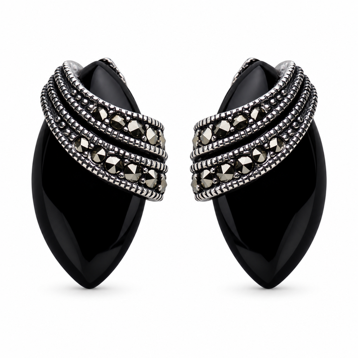 Marquise Black Onyx and Genuine Marcasite Stud Earrings in Rhodium-Plated Sterling Silver – 14.9 mm
